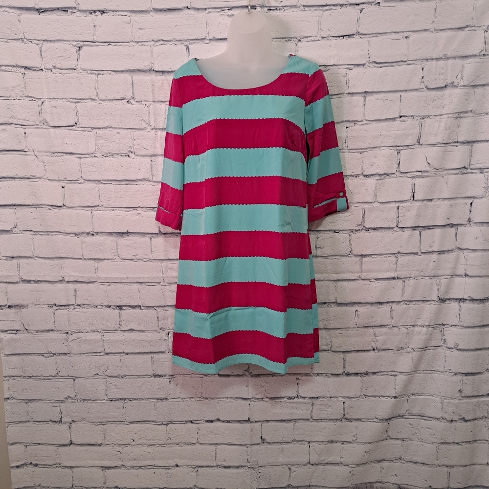 HELLO MISS Striped Shift Dress Pink Green Small